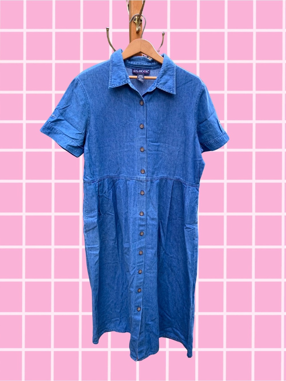 90s Vintage Blue Denim Short Sleeve Dress - Size 16